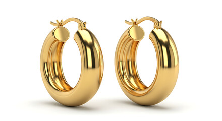 A pair of shiny golden hoop earrings are displayed against a plain white background.
