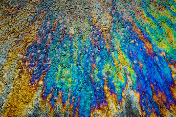 Obraz premium Oil stain on Asphalt road after rain, color Gasoline fuel spots on Asphalt Road