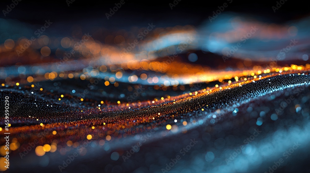 Poster dynamic abstract particles create a flowing wave of light with glowing bokeh effects in dark blue an