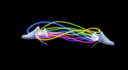 Pair of white sneakers connected by vibrant, flowing light trails on a stark black background.