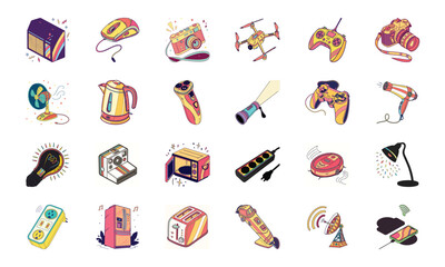 Colorful Vector Illustration Set of Modern Electronic Gadgets and Household Appliances – Camera, Drone, Game Controller, Hair Dryer, Electric Fan, Shaver, Kettle, Microphone, Cassette, Vintage TV, Ro