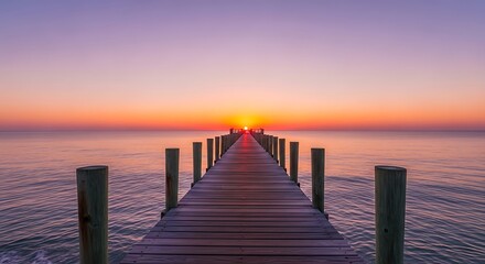 Obraz premium Peaceful sunrise over a calm ocean, with a long, empty wooden pier stretching to the horizon.