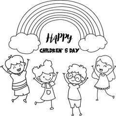 Happy Children's Day celebration with kids dancing and a rainbow.