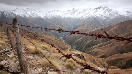 Rustic barbed wire fence overlooks a snow-capped mountain valley
