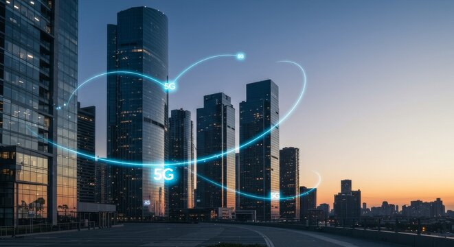 5G Network Expansion in a Smart City at Dusk: Futuristic Urban Landscape with High-Speed Wireless Connectivity and Digital Infrastructure