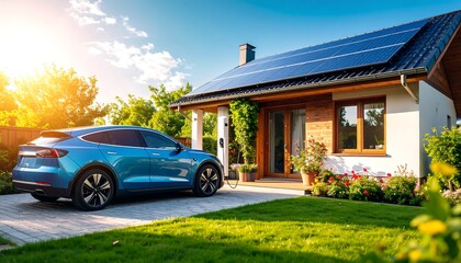 Electric car at home with solar panels