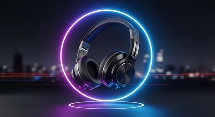Dynamic image of wireless headphones levitating on a futuristic, glowing blue circular platform.

