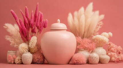 Pink ceramic urn centered amongst dried floral arrangements on a pink background
