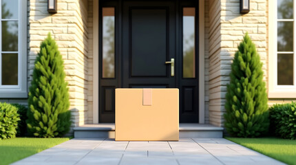 A delivery box on the walkway in front of a modern home with a black door
