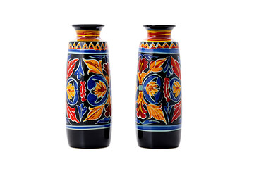 Pair of Vibrant Hand-Painted Ceramic Vases with Ornate Floral and Geometric Tribal Patterns