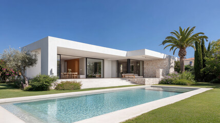 Fototapeta premium Modern luxury villa with private pool, minimalist architecture, tropical garden and clear blue sky, capturing serene vacation lifestyle and contemporary outdoor design.