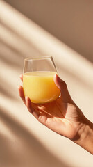 Hand holding a glass of fresh orange juice in natural sunlight, minimalist background with warm tones, healthy drink and morning refreshment concept.
