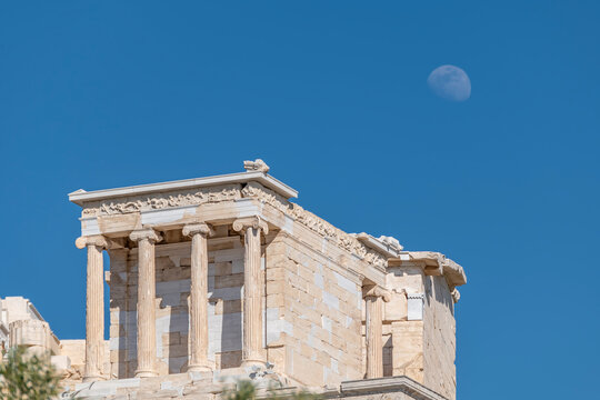 The Temple of Athena Nike, Acropolis of Athens, Greece, with the moon in the background