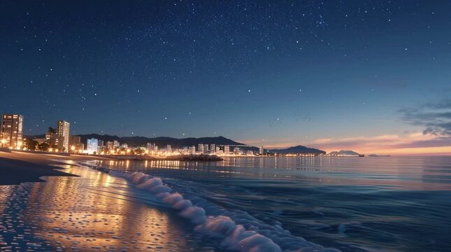 A photorealistic timelapse of gentle waves in a small coastal town near a modern city, the night sky filled with stars stretching above, lights from the town faintly glowing