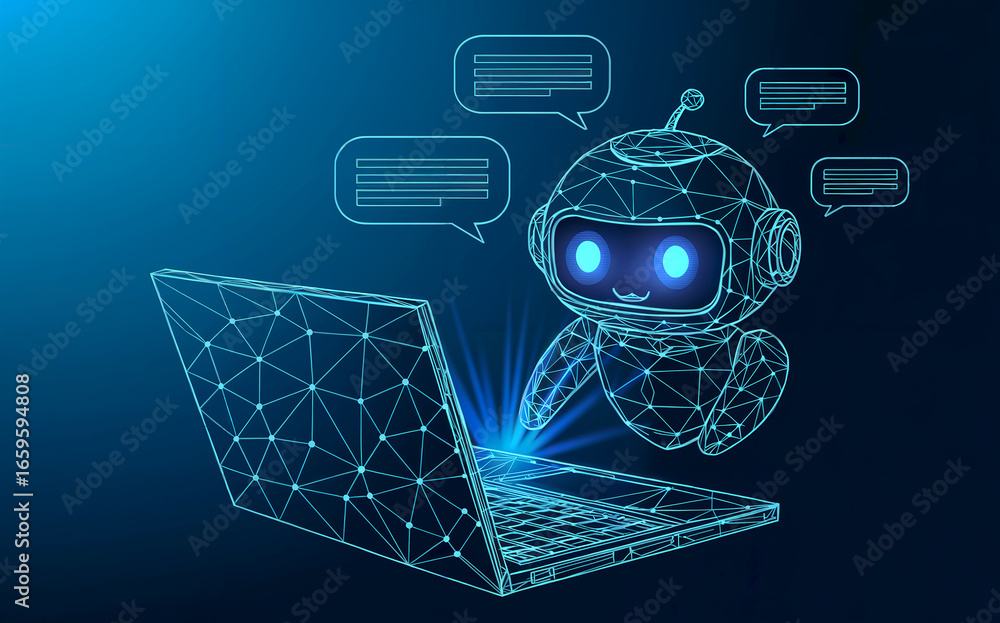 Fototapete ai chatbot interacts with user via futuristic digital interface and laptop showing communication bub