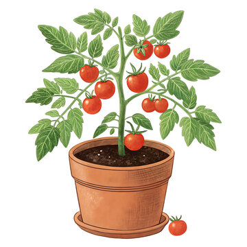 Healthy tomato plant with ripe red cherry tomatoes growing in a terracotta pot