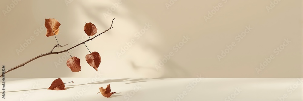 Aufkleber minimalist autumn scene with dried leaves on a branch, casting soft shadows on a beige surface, crea