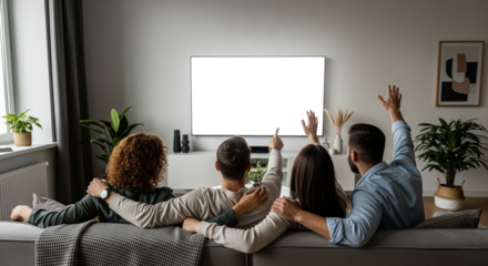 A group of friends watching a blank TV screen