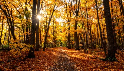 Autumnal forest path bathed in sunlight