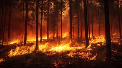 Obraz premium Wildfire consumes forest under smoky orange sky during summer heat wave