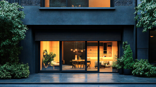 Outside view of a building featuring large windows and black roller shutters