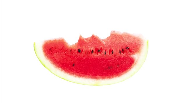 Watermelon bite in slow motion on white background.
