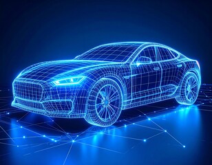 Digital Car Model, Wireframe, Dark Background