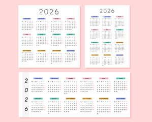 Set of 2026 French calendar in modern square, horizontal and portrait size design with colorful monthly headers. Minimal typography, clean layout. Printable yearly planner template in French language.