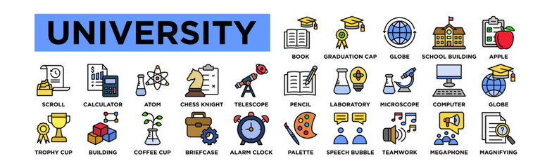  University Icon Set. Editable Stroke Icon Collection. Book, Graduation Cap, Globe, School Building, Apple, Pencil, Laboratory Flask, Microscope, Computer, Globe and Graduation Cap, Scroll, Calculator