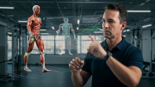 Man interacting with virtual human anatomy model, analyzing skeletal and muscular systems for sports medicine and biomechanics footage.