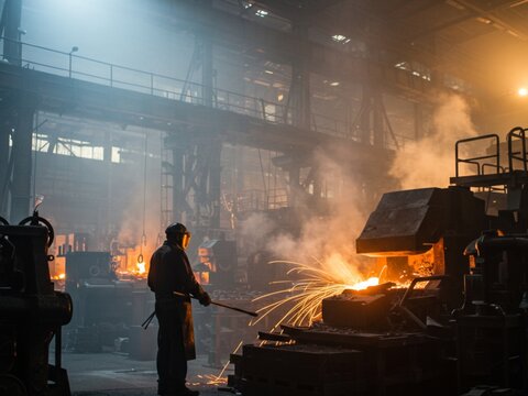 Worker Pouring Molten Metal in Dark Environment