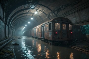 Post-Apocalyptic Subway Tunnel: Flooded with Rusted Train Cars