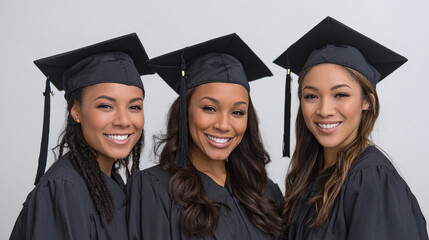 Celebrating Graduation: Three graduates smile in their caps and gowns, filled with joy and anticipation for their bright futures. Achievement unlocked!