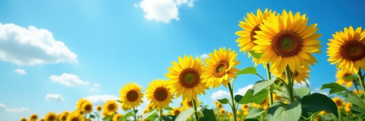 Obraz premium Tall sunflowers stretch towards a cloudless azure sky, warm sunlight illuminating petals , field, image, nature