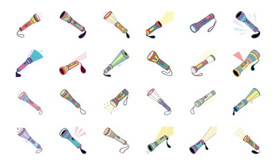 Colorful Vector Illustration Set of Modern Electronic Gadgets and Household Appliances – Camera, Drone, Game Controller, Hair Dryer, Electric Fan, Shaver, Kettle, Microphone, Cassette, Vintage TV, Ro