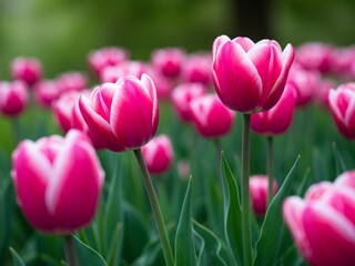Obraz premium Colorful Tulip Garden Blooming in Nature During Spring Season - Photographic Close-Up View