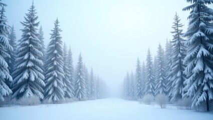 Fototapeta premium A tranquil winter landscape showcases snow-dusted evergreen trees in a serene, misty forest.