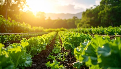 Naklejka premium Lush Green Lettuce Field at Sunset Healthy Organic Farming.