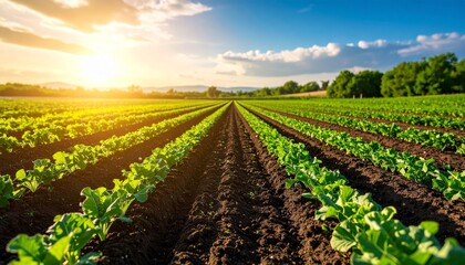 Obraz premium Serene Sunset Over Lush Green Farm Field Rows of Crops Growing in Rich Soil.