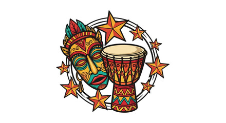 Vibrant African Culture Celebration Mask, Drum, and Starry Design