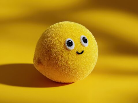 Fluffy yellow character with a cute smile rendered in 3d on a yellow background