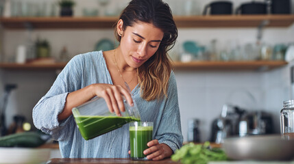 Woman pours a vibrant green smoothie into a glass in a bright, airy kitchen. Making healthy choices and drinks.
