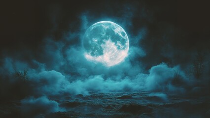 Fototapeta premium Blurred Moon on cloudy sky with smoke. Night mystical atmosphere.