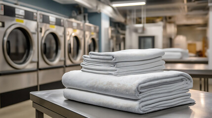 An impeccably clean and organized professional industrial laundry facility. In the foreground, a stack of perfectly folded, on a stainless steel work table