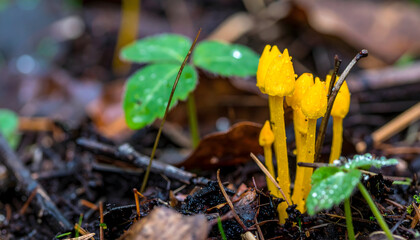 Golden yellow mushrooms amidst forest ground cover close up view