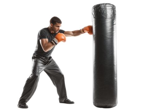 A muscular athlete powerfully throws a punch towards a heavy bag, the image of strength, focus, and determination.
