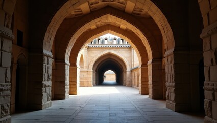 Fototapeta premium A long, shadowed passageway with arched stone structures leads to a distant light source, showcasing intricate stonework and a serene atmosphere.