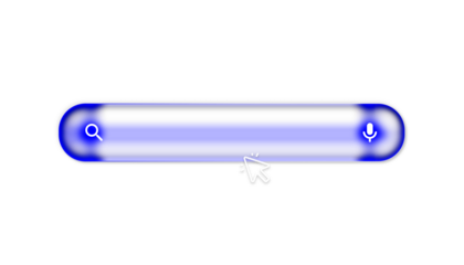 A glossy blue search bar with a liquid glass effect. "Use it with dark background" A modern, glossy search box, featuring voice search and a cursor icon. Isolated on a transparent background. PNG