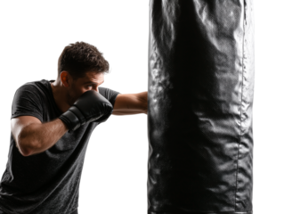 A determined individual hones his boxing skills by delivering a powerful punch to a heavy bag