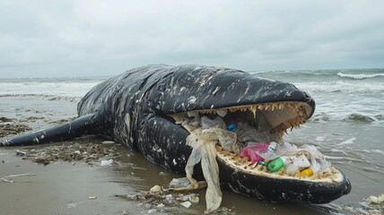 Whale carcass washed ashore filled with plastic waste at beach during overcast day